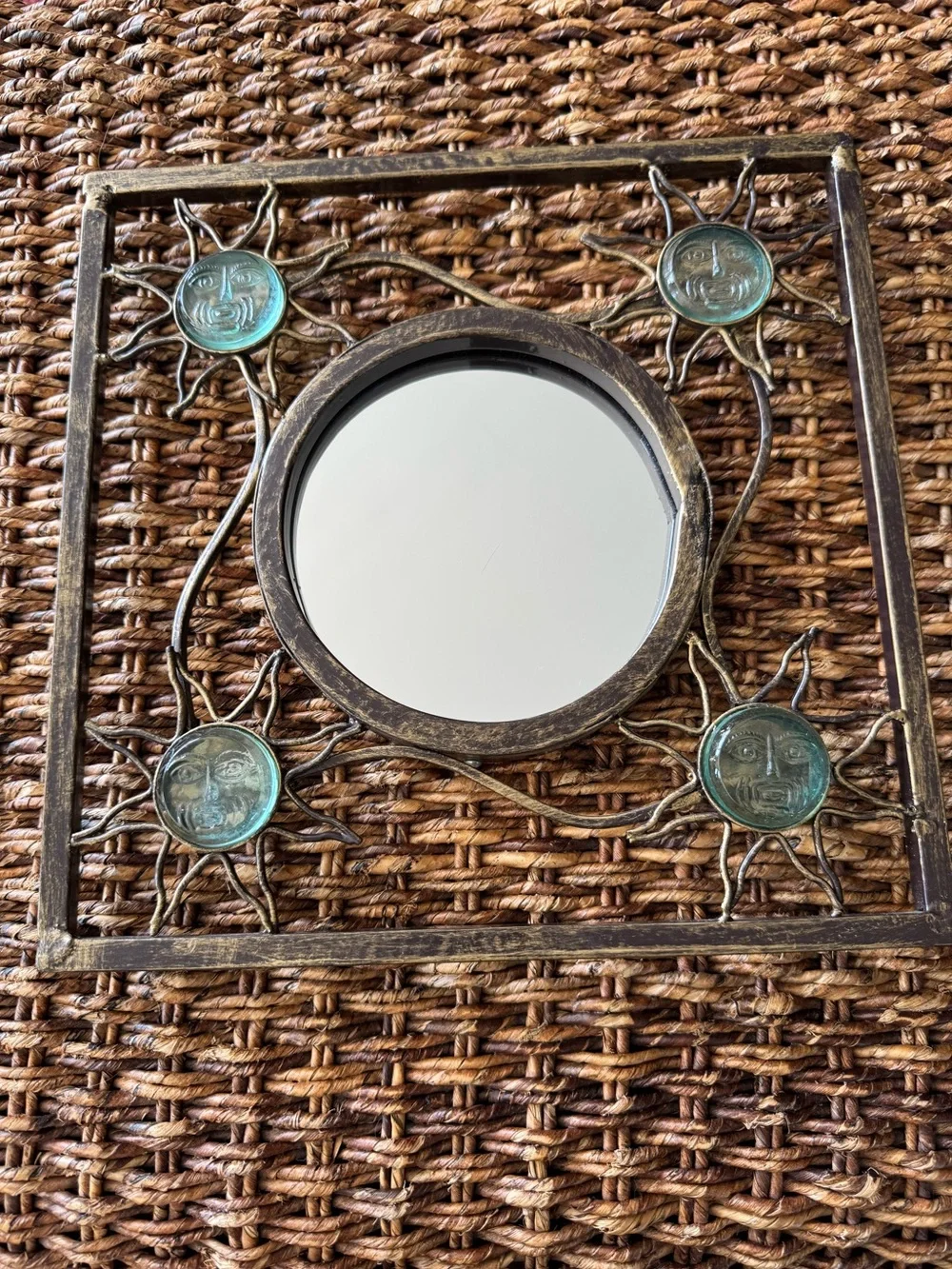 Vintage Celestial Sun Face Wall Mirror | Whimsygoth Boho Folk Art Metal/Glass